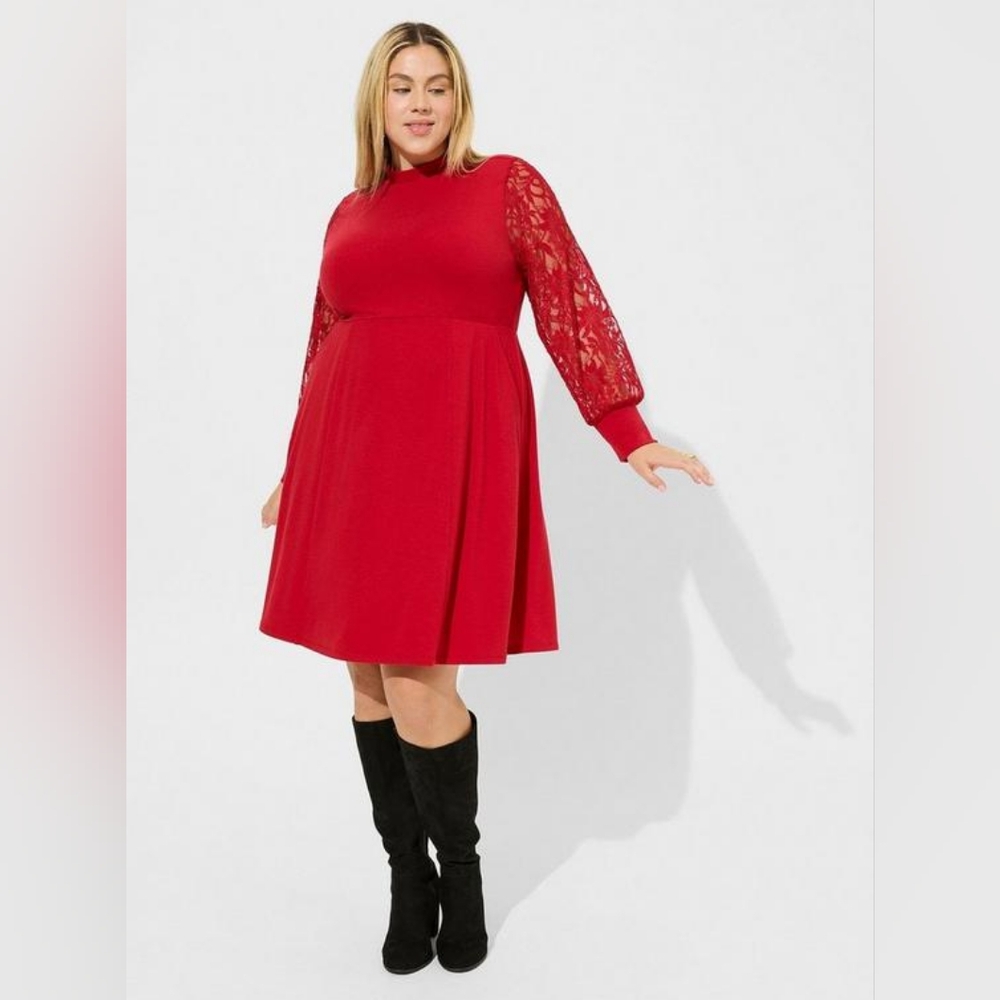 Torrid Red Soft Jersey Lace High Neck Long Sleeve Skater Dress 3X 22/24 Nwt